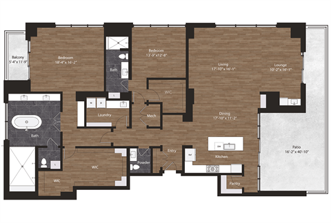 Deco Penthouse 5 floorplan 2 bedrooms 2.5 bathrooms 2793 square feet